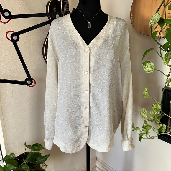 Vtg 80s/90s Laura & Jayne Collection White Floral Button Blouse - Size Large - Picture 1 of 6